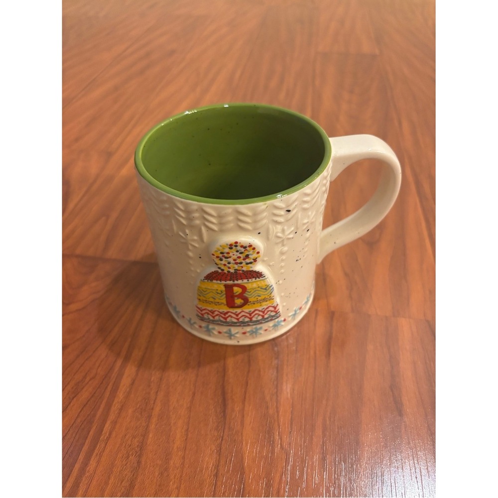 Anthropologie Holiday Snow Beanie Mug with Green Interior B Monogram